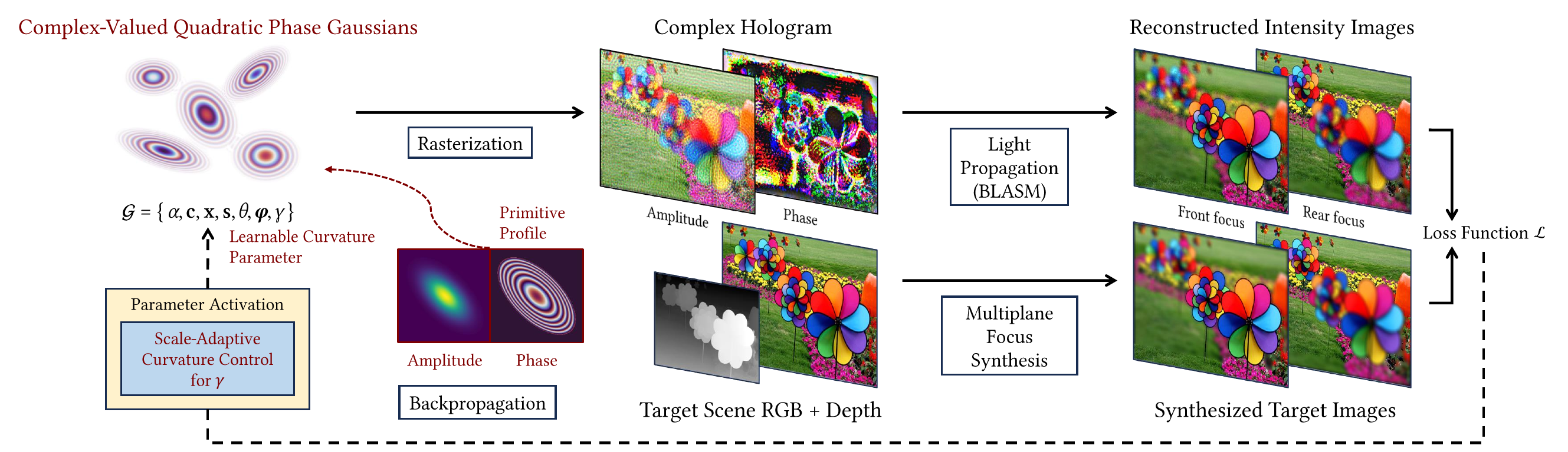 Pipeline: Gaussian primitives with a learnable curvature are rasterized into a complex hologram, propagated to two focal planes, and compared with synthesized targets.
