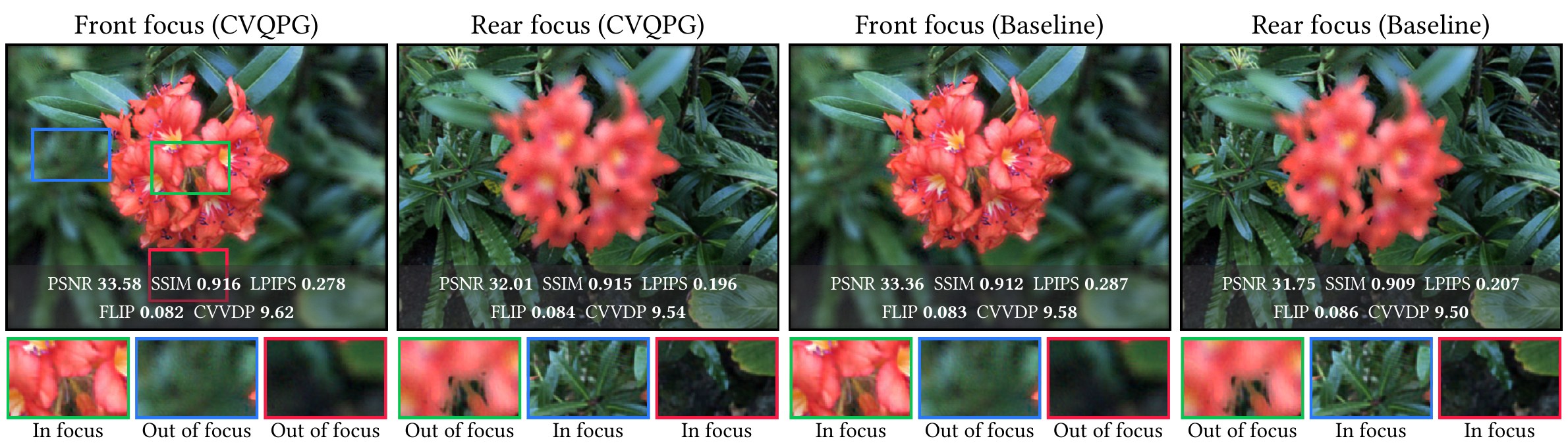 Flower scene, RGB 20%: CVQPG vs. baseline at both focal planes.